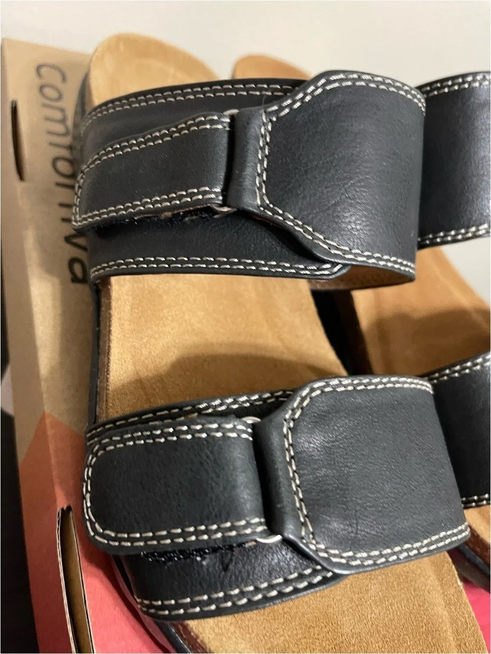 Comfortiva Black Leather Adjustable Strap Sandals with Cushioned Footbed